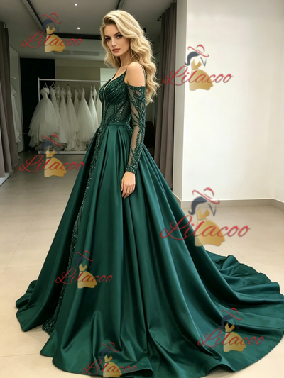 Green Sequins Satin Long Sleeve Prom Dress
