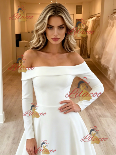 White Long Sleeve Off the Shoulder Wedding Dress