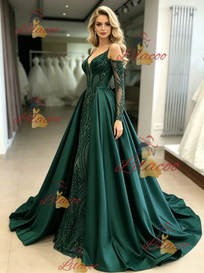 Green Sequins Satin Long Sleeve Prom Dress