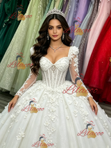 White Tulle Long Sleeve Appliques Quinceanera Dress