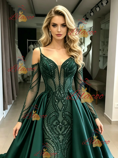 Green Sequins Satin Long Sleeve Prom Dress