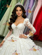 White Tulle Long Sleeve Appliques Quinceanera Dress