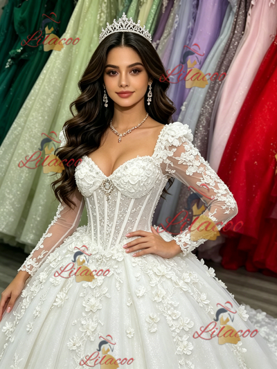 White Tulle Long Sleeve Appliques Quinceanera Dress