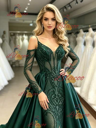 Green Sequins Satin Long Sleeve Prom Dress