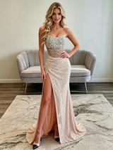Champagne Mermaid Strapless Beading Prom Dress