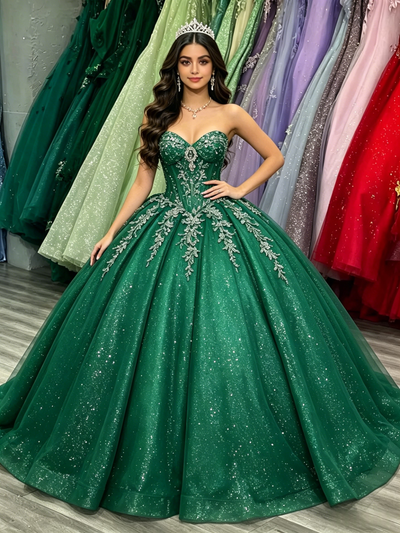 Green Tulle Sequins Strapless Appliques Quinceanera Dress