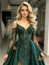 Green Sequins Satin Long Sleeve Prom Dress