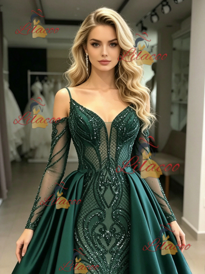 Green Sequins Satin Long Sleeve Prom Dress