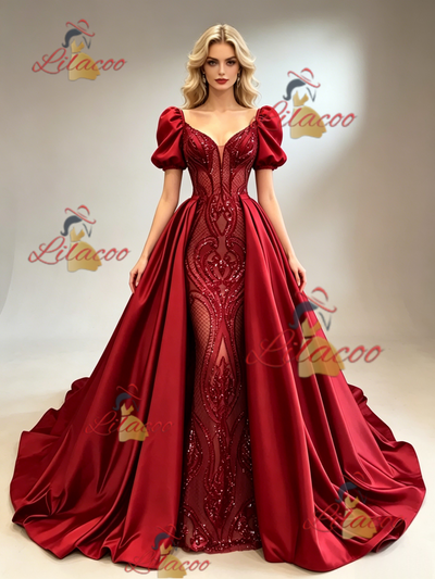 Red Sequins Satin Puff Sleeve Prom Dress