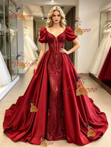 Red Sequins Satin Puff Sleeve Prom Dress