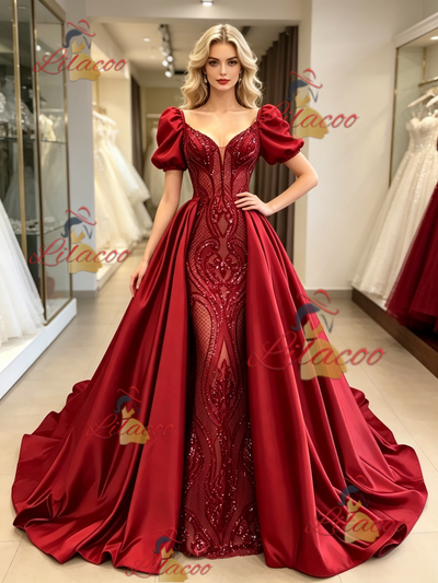 Red Sequins Satin Puff Sleeve Prom Dress