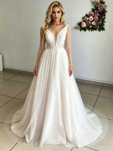 Long Sleeve V-neck Pleats Beading Wedding Dres
