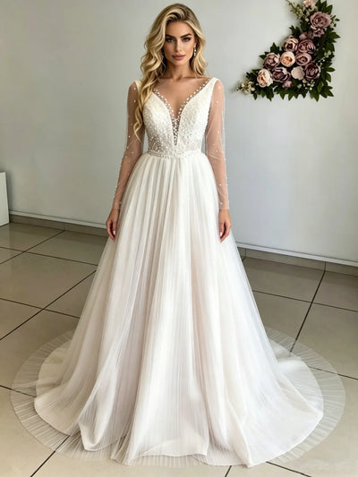 Long Sleeve V-neck Pleats Beading Wedding Dres