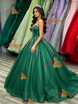 Green Tulle Sequins Strapless Appliques Quinceanera Dress