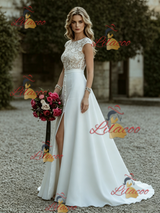 White Scoop Neck Cap Sleeve Wedding Dress