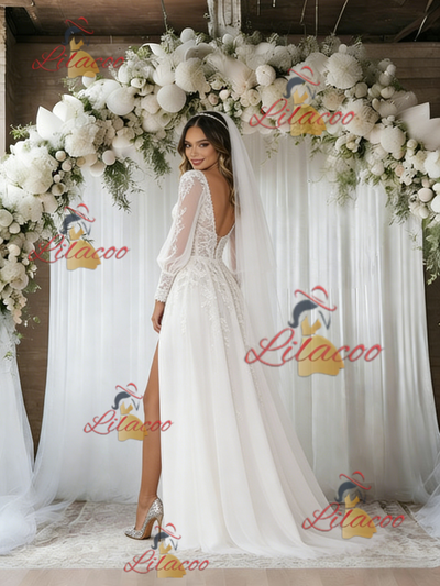 Tulle V-neck Long Sleeve Wedding Dress