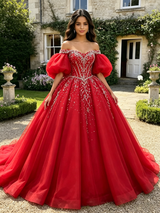 Red Tulle Puff Sleeve Beading Quinceanera Dress