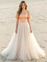 Champagne Tulle Off the Shoulder Beading Wedding Dress