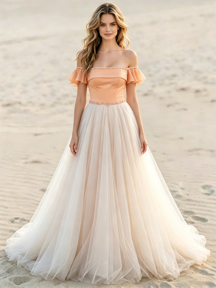 Champagne Tulle Off the Shoulder Beading Wedding Dress