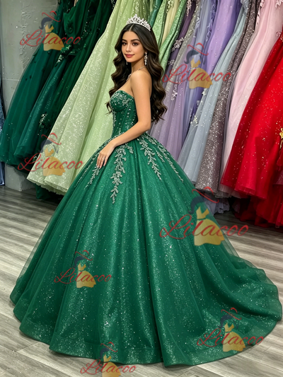 Green Tulle Sequins Strapless Appliques Quinceanera Dress