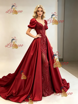Red Sequins Satin Puff Sleeve Prom Dress