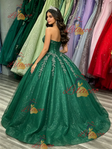 Green Tulle Sequins Strapless Appliques Quinceanera Dress