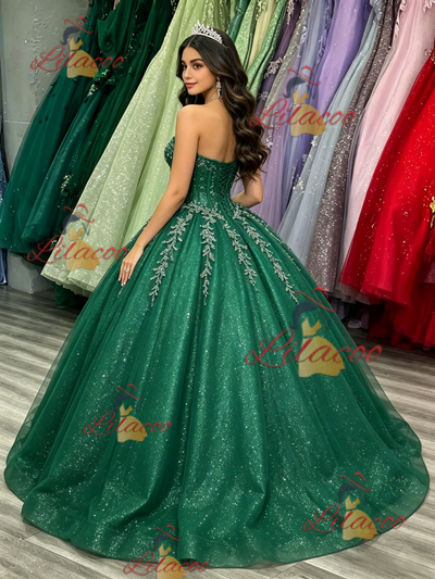 Green Tulle Sequins Strapless Appliques Quinceanera Dress