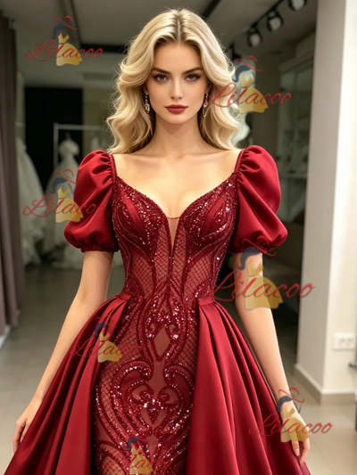 Red Sequins Satin Puff Sleeve Prom Dress