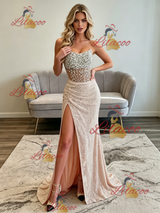 Champagne Mermaid Strapless Beading Prom Dress
