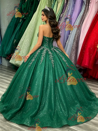 Green Tulle Sequins Strapless Appliques Quinceanera Dress