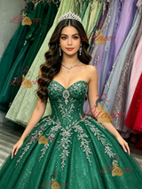 Green Tulle Sequins Strapless Appliques Quinceanera Dress