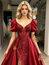 Red Sequins Satin Puff Sleeve Prom Dress