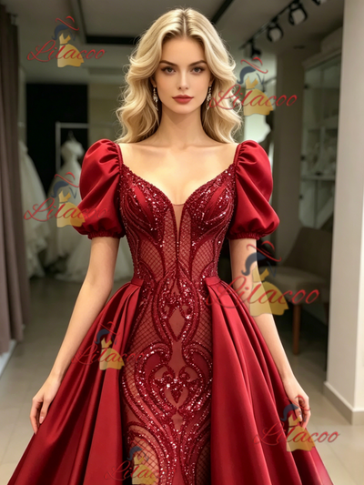 Red Sequins Satin Puff Sleeve Prom Dress