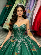 Green Tulle Sequins Strapless Appliques Quinceanera Dress