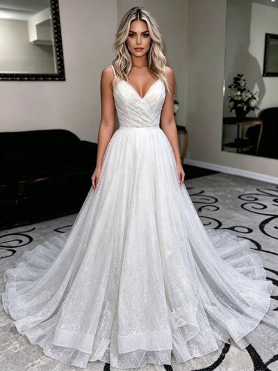White Sequins Spaghetti Straps Wedding Dress