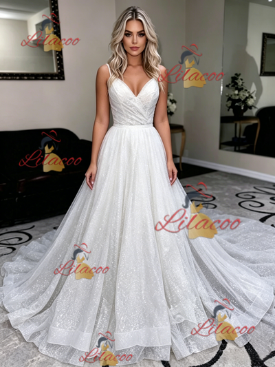 White Sequins Spaghetti Straps Wedding Dress