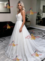 White Sequins Spaghetti Straps Wedding Dress