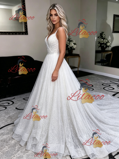 White Sequins Spaghetti Straps Wedding Dress
