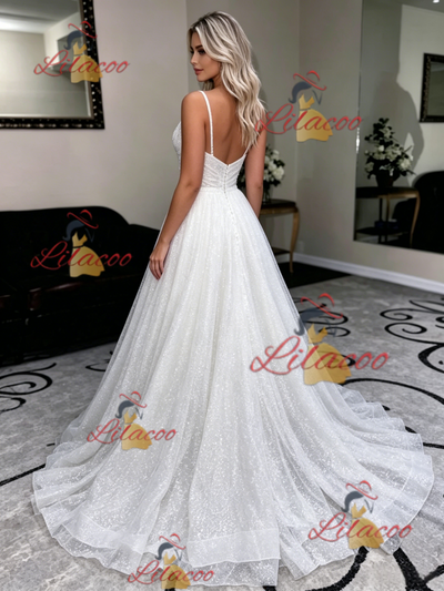 White Sequins Spaghetti Straps Wedding Dress