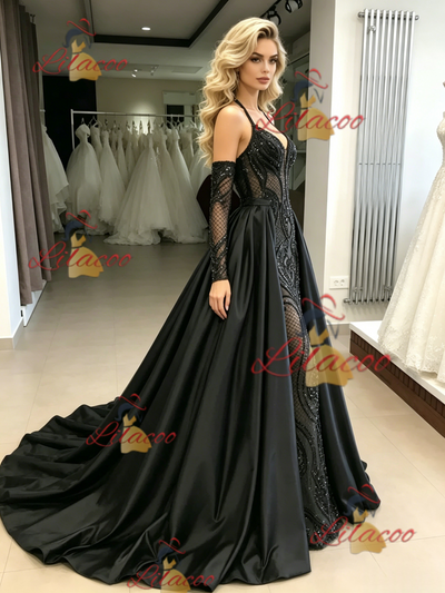 Black Mermaid Sequins Spaghetti Straps Prom Dress