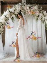 Tulle V-neck Long Sleeve Wedding Dress