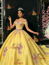 Yellow Tulle Straps Appliques Quinceanera Dress