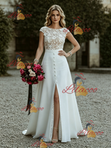 White Scoop Neck Cap Sleeve Wedding Dress