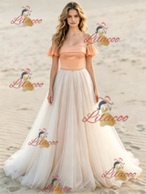 Champagne Tulle Off the Shoulder Beading Wedding Dress