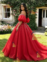 Red Tulle Puff Sleeve Beading Quinceanera Dress
