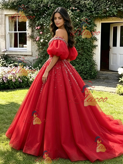 Red Tulle Puff Sleeve Beading Quinceanera Dress