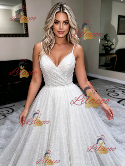 White Sequins Spaghetti Straps Wedding Dress