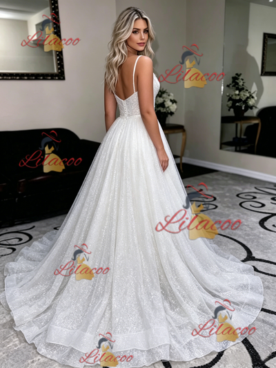 White Sequins Spaghetti Straps Wedding Dress