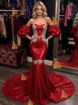 Red Mermaid Sequins Strapless Prom Dress