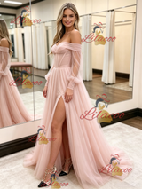 Pink Tulle Long Sleeve Prom Dress